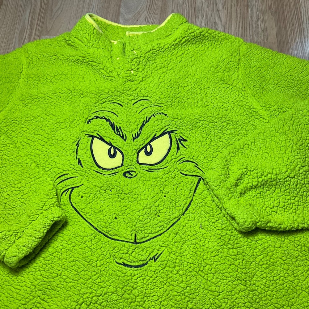 The Grinch Dr Seuss Neon Green Sherpa Fleece Pullover Snap Mock Neck XXL 0321